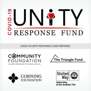 Logo of Unity Response fund with icon of a person holding a heart instead of letter i in Unity; also logos for Community Foundation, Corning Foundation, Triangle Fund and United Way of the Southern Tier