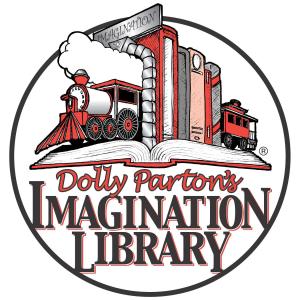 Logo for Dolly Parton's Imagination Library featuring a drawing of a train and a book