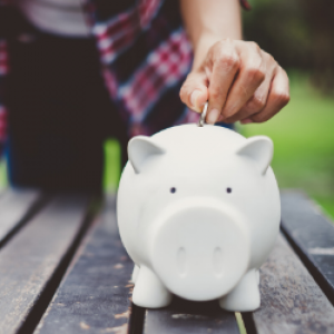 Person dropping coin into ceramic piggy bank 