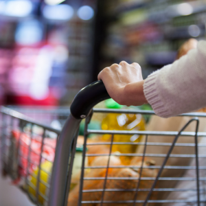 Woman's hands pushing grocery cart