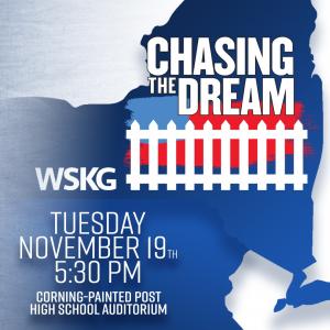 Words "Chasing the Dream" with a white picket fence over a version of the American flag  