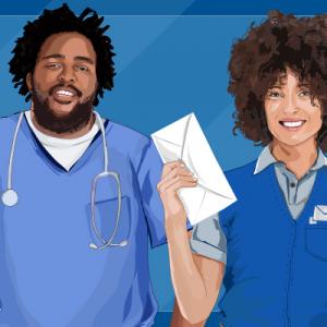 Drawing of a man in blue scrubs with stethoscope and woman holding letter in mail delivery uniform