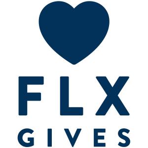 Logo with a heart icon and words "FLX Gives" 